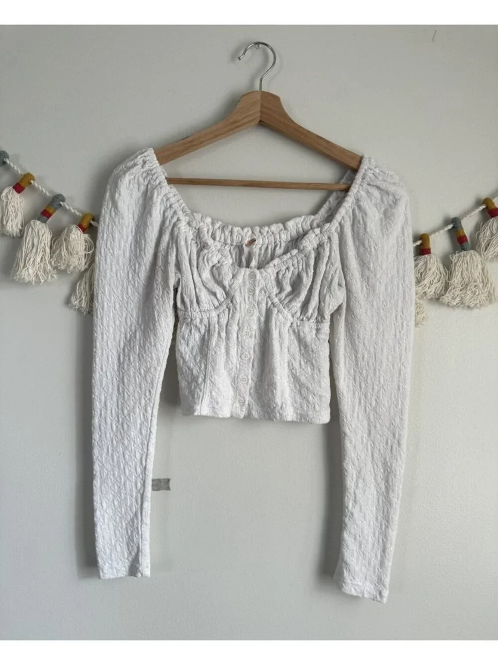 Free People Textured Ruched Button Front Long Sleeve Crop Top White Festival XS